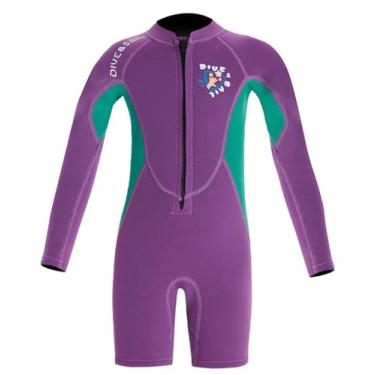 Imagem de Roupa de mergulho infantil manga comprida maiô quente neoprene peça única para surfe mergulho mergulho mergulho proteção solar traje de mergulho proteção UV zíper frontal Rash Guard roxo G