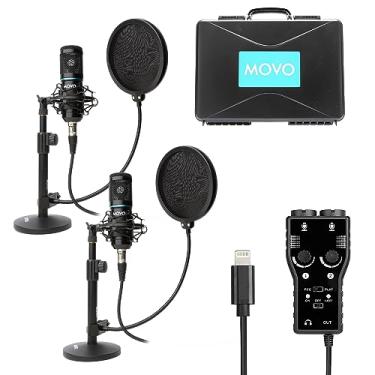 Imagem de MOVO Smartphone Podcast Gravando Microfone Kit - 2 Pack Condensador Microfones, 2 Stands Mic Desktop, 2 Filtros POP, Interface XLR de 2 Canais com Lightning Saída - Compatível com iPhone, iPad, iOS