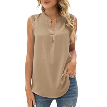 Imagem de Camiseta feminina de renda estampada para sair, camiseta elegante de verão sem mangas, blusa boho, colete de festa, Caqui, XG