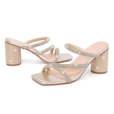Imagem de kkdom Sandálias femininas quadradas de bico aberto com glitter, salto grosso, brilhante, strass, salto curto, salto mule, Dourado, 36