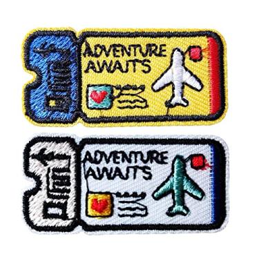Imagem de Patch Adventure Awaits de 4,6 cm x 2 cm - Emblema de 2 peças de emblema bordado pequeno fofo para roupas, jaqueta, jeans, mochilas - Patch de passagem aérea de viagem mundial