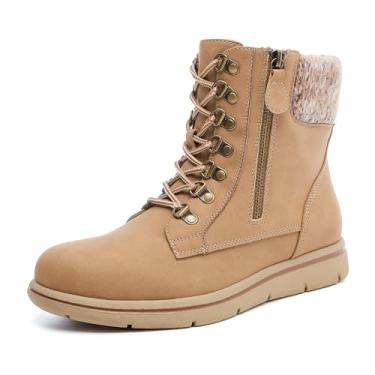 Imagem de Luoika Botas femininas de cano curto de largura larga, salto plano, zíper lateral, cadarço, plus size., Tan 717, 10 X-Wide