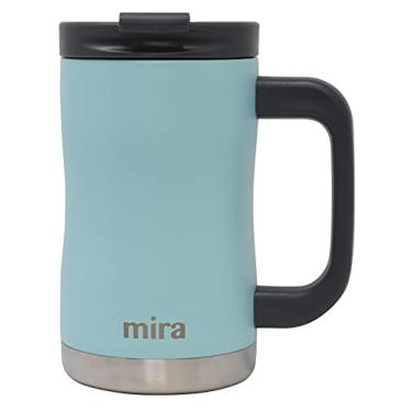 Imagem de MIRA Caneca de café isolada de 400 ml com alça - garrafa térmica de aço inoxidável com tampa segura - copo quente e frio - azul pérola
