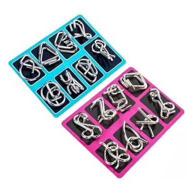 Imagem de Conjunto De Quebra-Cabeça Metal Puzzles, Quebra-Cabeça De Metal Montessori/Desafio Mental, Desembaraçador de elos de ferro - 16 peças (Azul e Rosa)