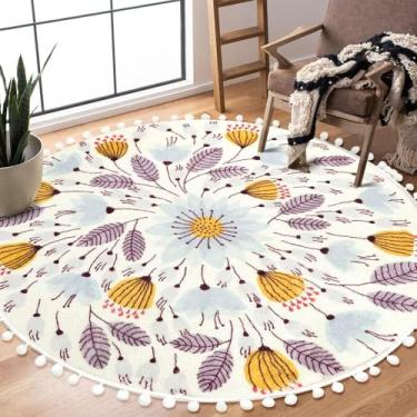Imagem de Uphome Tapete redondo para quarto 4' círculo bonito tapete de área com pompons franjas planta floral lavável tapetes antiderrapantes macios para entrada lavanderia sala de estar quarto de crianças berçário, roxo