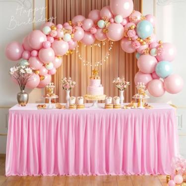 Imagem de Saia de mesa rosa para mesas retangulares 6 pés rosa plissado poliéster toalhas de mesa para chá de bebê princesa meninas festa de aniversário banquete bolo sobremesa decorações