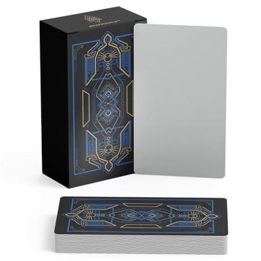 Imagem de Metaphoracle Blank Tarot Cards with Design on Back - DIY Deck of 80 Cards to Create Your Own Oracle Tarot Deck - Sacred Geometry Design with Metallic Gold Foil - 4.72 inches x 2.75 inches (Blue)