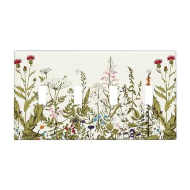 Imagem de Country Vintage Flores Silvestres Boho Floral 4 Gang Quádruplo Interruptor de Luz Placa e Tampas de Tomada, Borda de Flores Silvestres Coloridas, Botânica, Dispositivo Quadriciclo Alternador