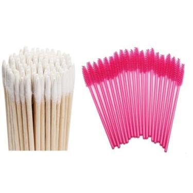 Imagem de Kit Sobrancelha 100 Palitos Pincel Aplicador Henna e 100 Escovinhas Mo