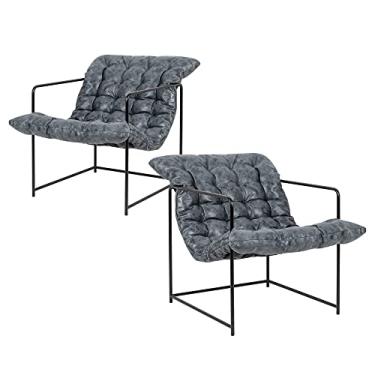 Imagem de GIA Espreguiçadeira moderna de meados do século para sala de estar, quarto e escritório, conjunto de 2, estofada em tecido de veludo cinza com base de metal preto