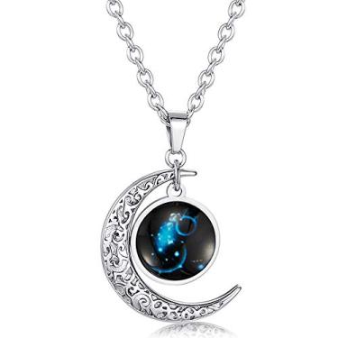 Imagem de Colar de aço inoxidável astrologia lua zodíaco presente horóscopo signo estrela constelação brilha no escuro pingente com corrente de 61 cm (Aquário)