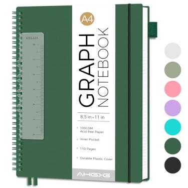 Imagem de AHGXG Caderno de papel milimetrado – Caderno espiral 21,6 cm x 28 cm, caderno gráfico grande A4, papel quadriculado grosso de 100 g/m², diários de capa de plástico à prova d'água para escrita,