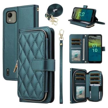 Imagem de Furiet Argyle Capa carteira para Nokia C110 com alça de ombro, 9+ compartimentos para cartão com zíper bolsa de couro PU de luxo capa de celular xadrez para C 110 4G N156DL mulheres meninas verde