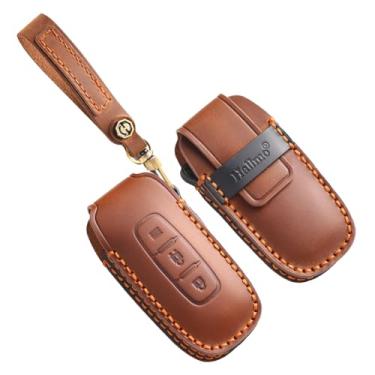 Imagem de HIBEYO Capa de chaveiro personalizável compatível com Nissan Teana Pathfinder Kicks X-Trail Rogue 2024 2025 Acessórios chaveiros personalizados de couro genuíno - 3 botões tipo A marrom