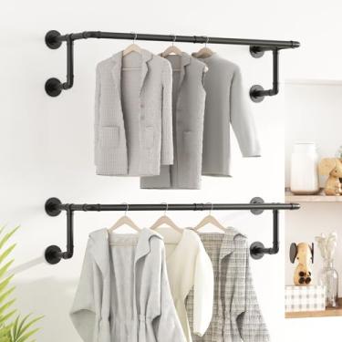 Imagem de WTPLWD Pacote com 2 suportes industriais para roupas, cabideiras pretas montadas na parede para pendurar roupas, vara de pendurar para armário com economia de espaço para lavanderia, quarto