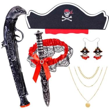 Imagem de Lanxitown 5 peças fantasia de pirata feminina espada de pirata com laço de renda chapéu de pirata colar brincos de pirata fantasia de pirata acessórios femininos acessórios de fantasia de pirata