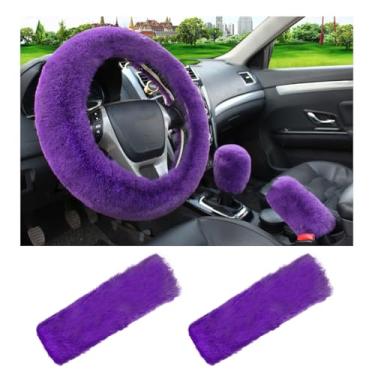 Imagem de Yourkar Conjunto de 5 capas de volante fofas, capa de volante de lã sintética, capa de freio de mão, capa de câmbio de marcha e 2 almofadas de ombro para cinto de segurança, acessórios universais para