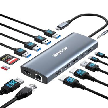 Imagem de Estação de ancoragem USB C com tela tripla 14 em 1, DisplayPort única de até 8 K a 30 Hz/4 K a 144 Hz/4 K a 120 Hz, dongle adaptador multiportas USB C Hub com 2 HDMI, 7 portas USB, 100W PD, Ethernet,