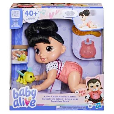 Imagem de Baby Alive Engatinha e Brinca Katie Kat boneca eletrônica de 27cm em plástico com cabelo preto, brinquedo infantil com + de 40 sons e música, presente para crianças a partir de 3 anos