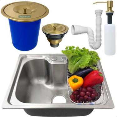 Imagem de Cuba Gourmet Inox 50x40 Com Lixeira De Embutir 5 Litros Dourada Porta 