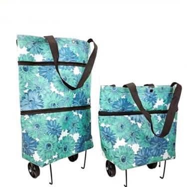 Imagem de Vikooyes Sacola de compras dobrável com rodas sacola de compras grande reutilizável dobrável (azul, grande)