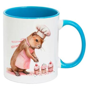 Imagem de Caneca Branca Interna Alça Azul Claro Porcelana - CAPIVARA MAMAE BOLO 3