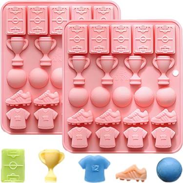Imagem de 2 peças molde de chocolate futebol 22 cavidades futebol tema esportivo silicone moldes de doces troféu copo bola jersey formas molde de cozimento para chocolate doce fondant gelatina cubo de gelo vela