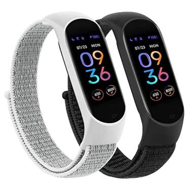 Imagem de Pulseiras de nylon para Amazfit Band 5 pulseiras de substituição femininas e masculinas, pacote com 2 pulseiras esportivas de nylon macio compatível com Amazfit Band 5 acessórios de pulseira (preto + concha do mar)
