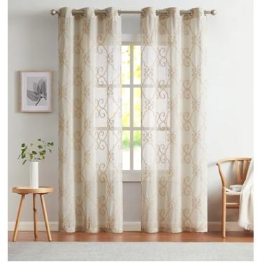 Imagem de Cortinas transparentes para janela 2 painéis 96,5 cm L x 243,8 cm C (193 cm L) Cortinas texturizadas de linho e cortinas para sala de estar, quarto, cortinas de fazenda, decoração boho, tratamentos de