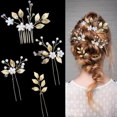 Imagem de YOLLVKOT 4 grampos de cabelo de folha dourada para noivas para mulheres, clipes de cabelo de flor de cristal pérola para casamento, acessórios de joias, acessório decorativo vintage para noivas, damas