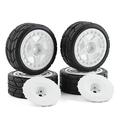 Imagem de Chanmoo 1/10 RC Racing Rally Tires 12mm Hex Wheels Rims and Rubber On Road Tyres for 1/10 RC On-Road Car HPI KYOSHO Tamiya XV01 XV02 TA06 TT01 TT02 PTG2 144001 A959 RC Rally Drift Car 4PCS (White A)