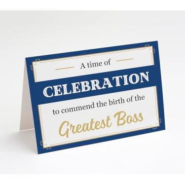 Imagem de M Market On Mainstreet Cartão de aniversário engraçado chefe, design azul marinho e dourado, tema Greatest Boss Celebration, cartão 5x7 com envelope de folha dourada, feito nos EUA.