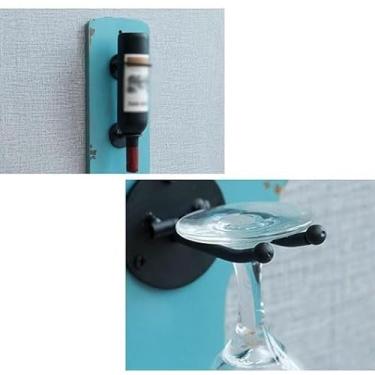 Imagem de Suporte para Vinhos Rack de vinho de parede de madeira maciça vintage antigo ferro expositor de vinho suporte de vidro alto Porta-Garrafas(Blue)