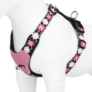 Imagem de Peitoral para cães de tamanho pequeno - sem puxar ajustável - Step-in com painel de couro genuíno para cães e gatos pequenos, médios e grandes - Opção de coleira para caminhadas e treinamento, rosa