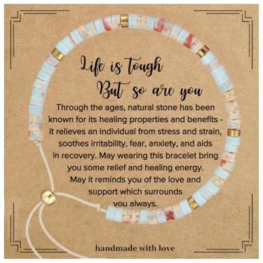 Imagem de Plumiss Pulseiras de presentes inspiradoras para mulheres, pulseiras Boho feitas à mão com contas de pedra agalmatolita, Life is Tough But So Are You, Medium, Pedra, Sem Pedra Preciosa