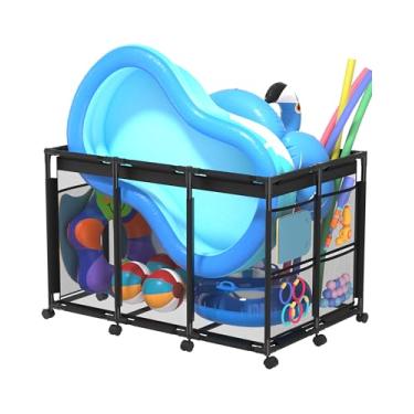 Imagem de SHAPON Caixa De Armazenamento Piscina Extragrande, Organizador Malha Náilon Para Macarrão, Óculos, Boias E Bolas, Brinquedos Ao Ar Livre Com Carrinho Rodinhas Equipamentos Natação, Preto
