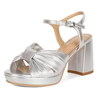 Imagem de Esvowido Salto plataforma grosso para mulheres, bico aberto, salto com tira no tornozelo, festa de casamento, escritório, sandálias de verão, Prata, 37