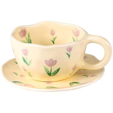 Imagem de Copos de cappuccino com pires 227 g Latte Art Cup Cerâmica Canecas de Café Estética Irregular Copos de Flores para Expresso, Double Shot, Americano, Latte, Chá - Seguro para micro-ondas e lava-louças