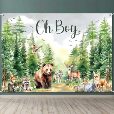 Imagem de LDWLYW Pano de fundo para chá de bebê floresta, 2,1 x 1,5 m para meninos, animais da floresta, decoração de chá de bebê, tema de amigos e animais, faixa de fundo para fotografia Oh Boy