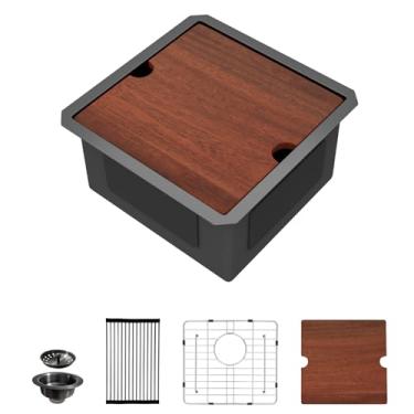 Imagem de Lofeyo 43 cm x 43 cm Estação de trabalho quadrada embaixo da pia de cozinha pequena pia de bar molhado para pequena ilha espacial Rv lavanderia 304 aço inoxidável #LOF0006S, preto 43 cm L x 43 cm P x