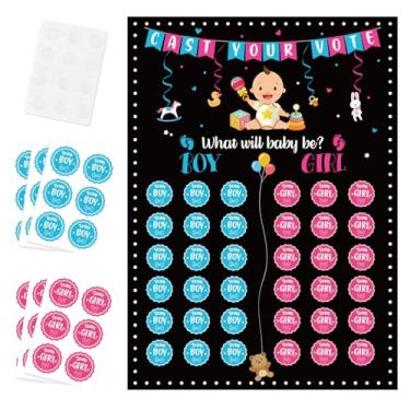 Imagem de Kit de artigos de festa revelação de gênero para bebê, adereços de fotos para decoração de jogos, pôster revelador de gênero com 36 folhas, círculo, azul e rosa, adesivos de votação para meninos ou