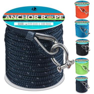 Imagem de Corda de âncora 30 pés 1/5.1 cm, linha de âncora trançada dupla com dedal e grilhão de aço inoxidável 316, corda de âncora de barco ideal para reboque, amarração, deck, ancoragem, barcos de até 90 cm