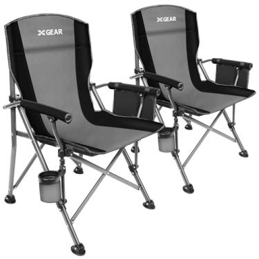 Imagem de XGEAR Cadeiras de acampamento portáteis para adultos com apoio de braço rígido acolchoado, cadeira de acampamento dobrável resistente com suporte de copo, bolsos de armazenamento incluídos, suporte