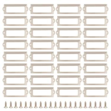 Imagem de MAYJOYDIY 40 peças de suportes de etiquetas de metal branco 3,2 × 1,5 cm Arquivo de escritório etiqueta de cartão de nome prateleiras de armário porta-etiquetas de gaveta molduras com parafusos para