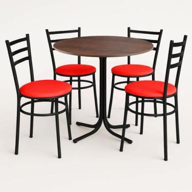 Imagem de Mesa de Jantar Redonda 80cm Imbuia Com 4 Cadeiras Estofada Preta - Lam