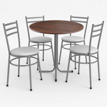 Imagem de Mesa de Jantar Redonda 80cm Imbuia Com 4 Cadeiras Estofada Cinza - Lam