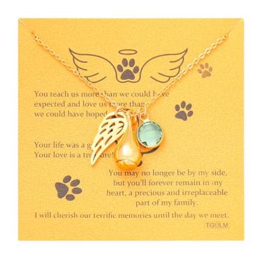 Imagem de TGOLM Colar de urna animal de estimação para presente de simpatia por perda de animais de estimação para cinzas, pingente de asa de anjo, pedra do mês de nascimento, joia de lembrança de cremação para