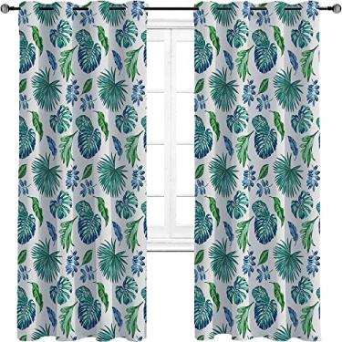 Imagem de Cortinas blackout de folhas verdes para quarto - Cortinas escurecidas com isolamento térmico com ilhós para sala de estar, 2 painéis por grupo, L 182 x C 226 cm verde turquesa azul marinho