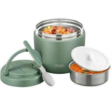 Imagem de wiwens Pote térmico para alimentos quentes adultos 946 ml recipiente térmico de almoço boca larga isolado a vácuo aço inoxidável à prova de vazamento caixa bento com colher (verde)