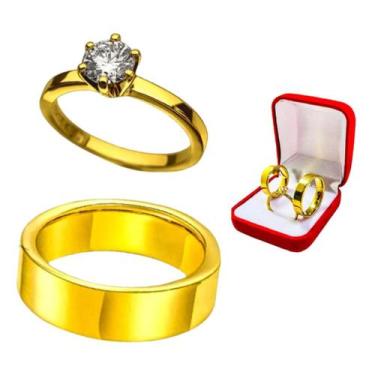 Imagem de Aliança Reta 6mm Banhada Ouro 18k Noivos Tungstenio + Solitario Anel 2